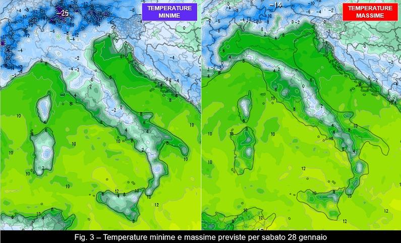 Temperature massime e minime previste per il 28 gennaio 2023