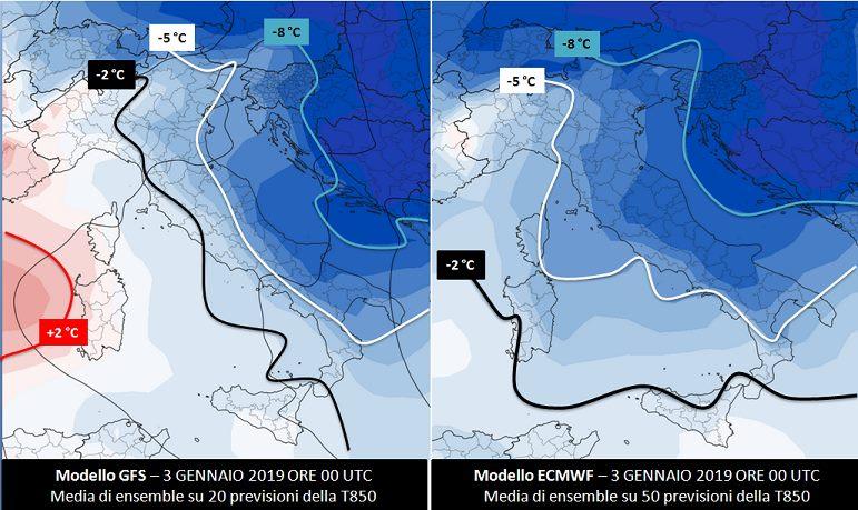 Dettaglio sull'Italia tra i due principali modelli GFS e ECMWF