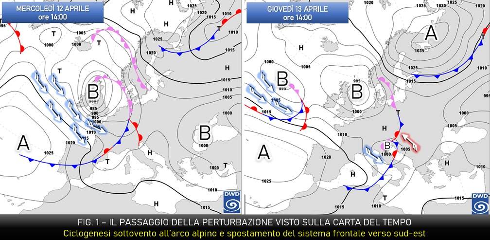 Il passaggio della perturbazione attesa il 12-13 aprile 2023