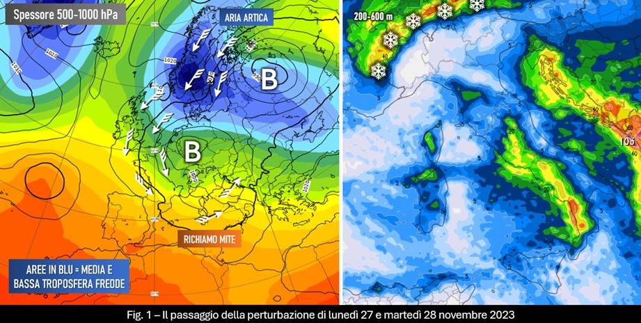 La perturbazione attesa tra il 27 e il 28 novembre 2023