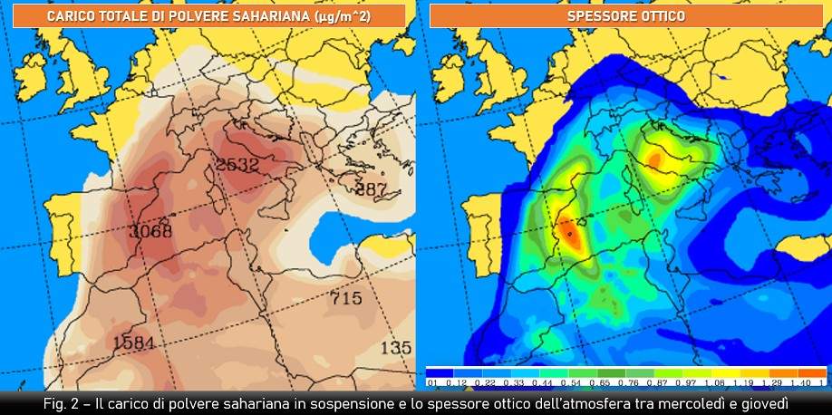 Carico di polvere sahariana e spessore ottico per il 21-22 giugno 2023