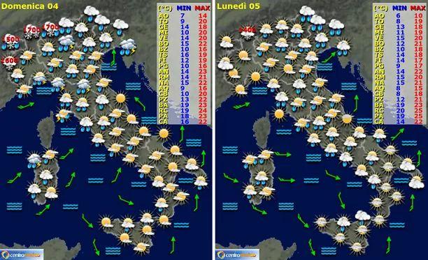 La previsione meteo per domenica 4 e lunedì 5 ottobre
