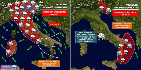 Le previsioni meteo per Domenica 17 Novembre 2019