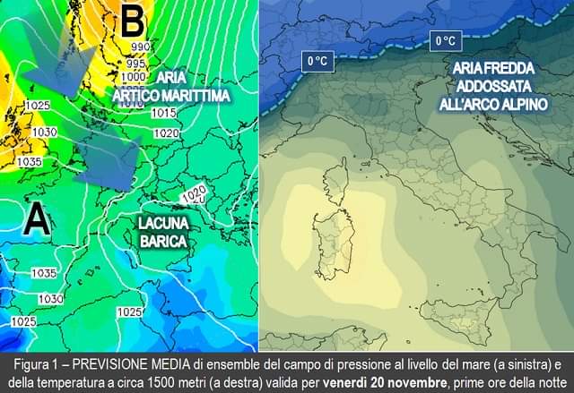 Previsione media attesa per il 20 Novembre 2020 (pressione e temperatura)