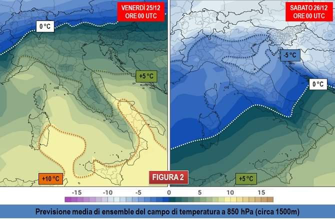 Previsione media della temperatura a 850hPa per il 25 e il 26 Dicembre