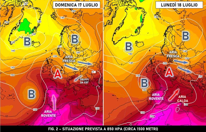 Circolazione a 850 hPa 17-18 Luglio 2022