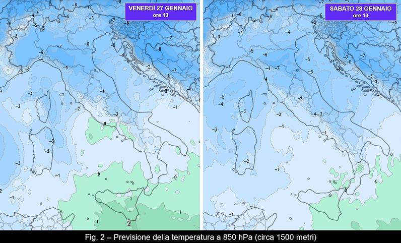 Temperature attese a 850hPa per il 27-28 gennaio 2023