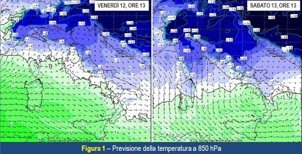 Temperatura a 850hPa previste tra il 12 e il 13 febbraio 2021