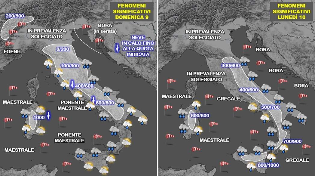 Previsioni meteo per il 9 e il 10 Gennaio 2022