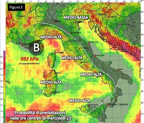 Fig.3: probabilità di precipitazioni nelle ore centrali di mercoledì 23 gennaio