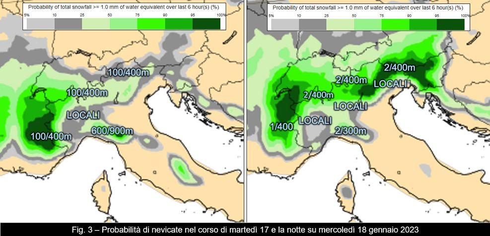 Probabilità di nevicate per il 17-18 gennaio 2023