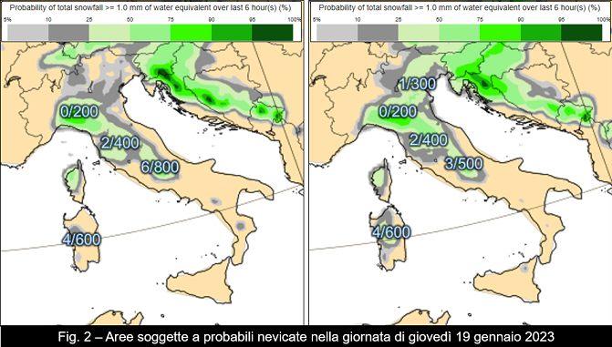 Probabilità di nevicate per il 19 gennaio 2023