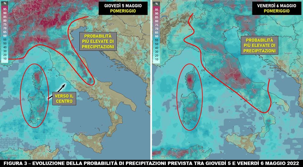 Probabilità di piogge previste tra il 5 e il 6 Maggio 2022