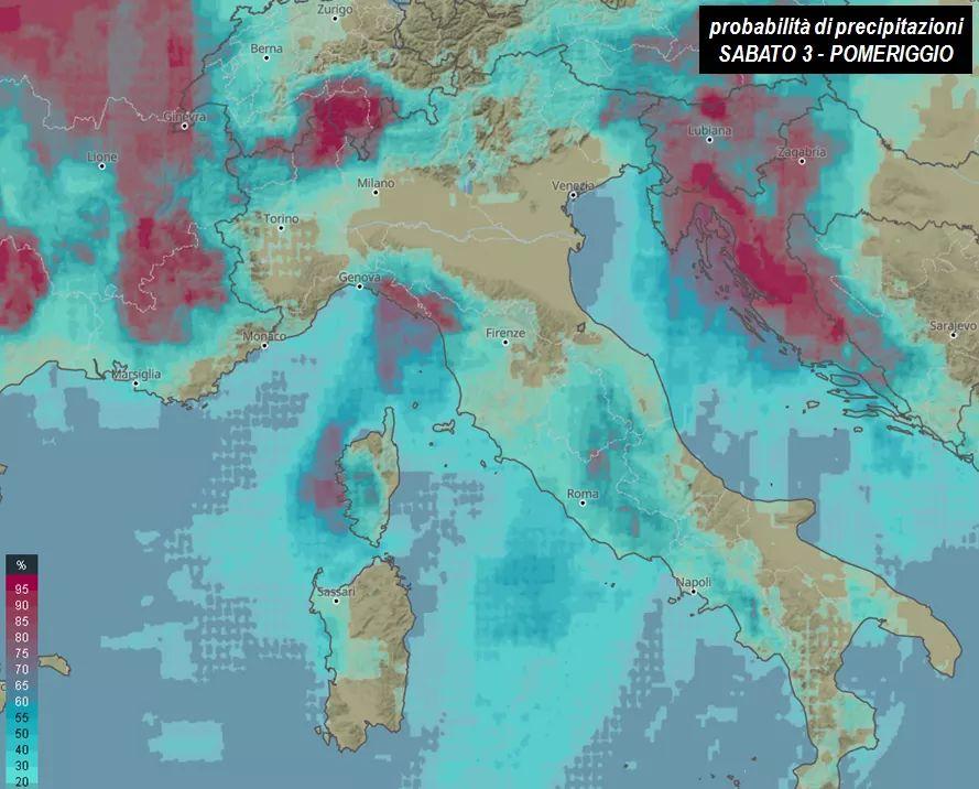 Probabilità di piogge per il 3 Ottobre 2020 pomeriggio