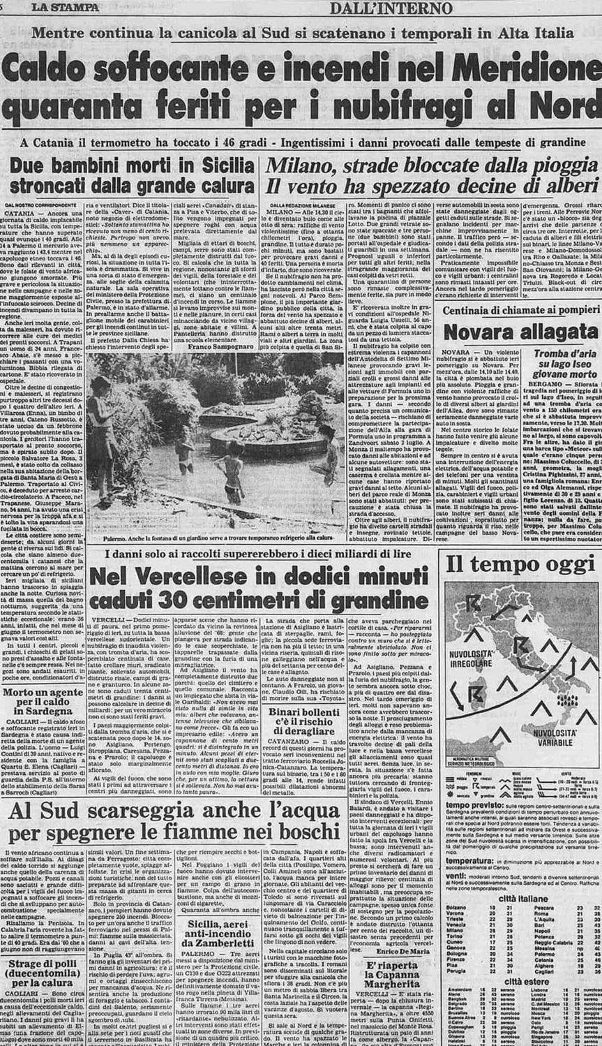 Ritaglio di giornale del 1982 sulle temperature estive