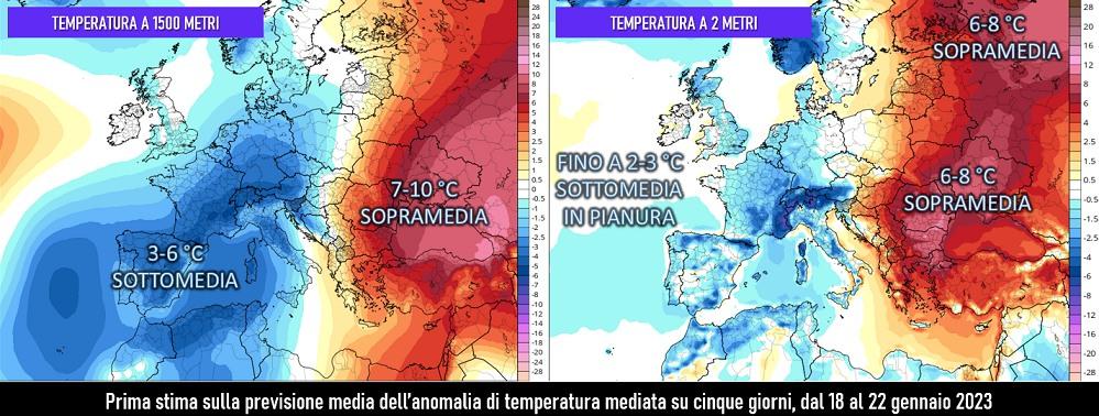 Stima dell'anomalia prevista sulla temperatura media in 5 giorni dal 18 al 22 gennaio 2023