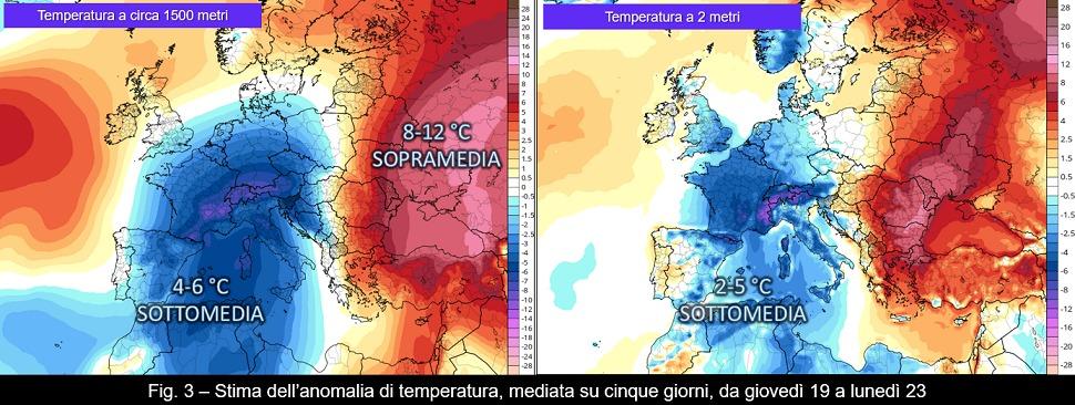 Stima dell'anomalia prevista sulla temperatura media in 5 giorni dal 19 al 23 gennaio 2023