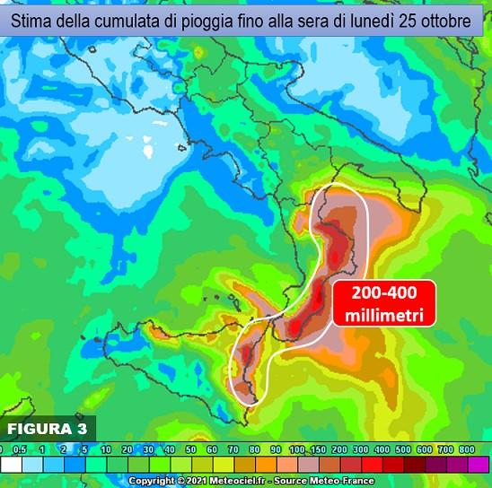 Stima cumulata di pioggia sera 25 Ottobre 2021