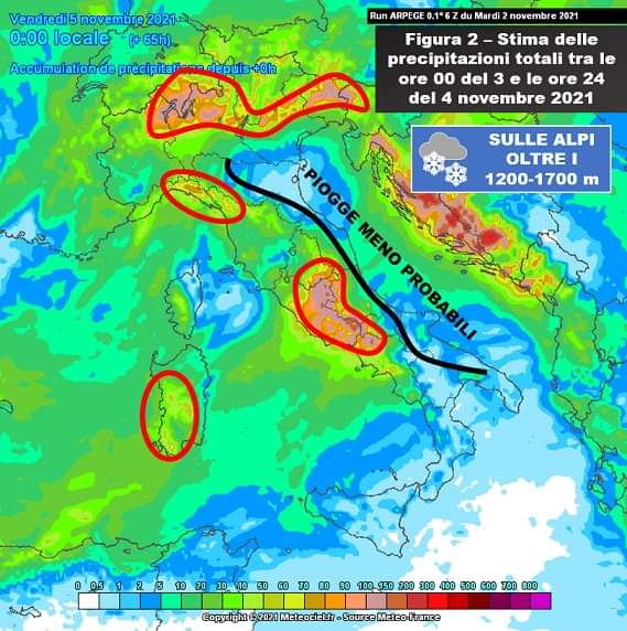 Stima cumulata di pioggia 4 novembre 2021