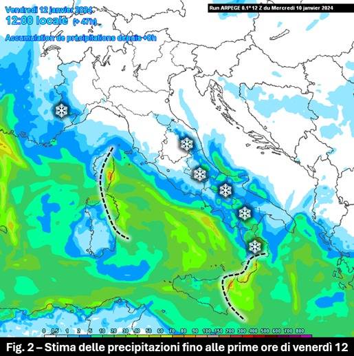 Stima accumuli precipitativi 12 gennaio 2024