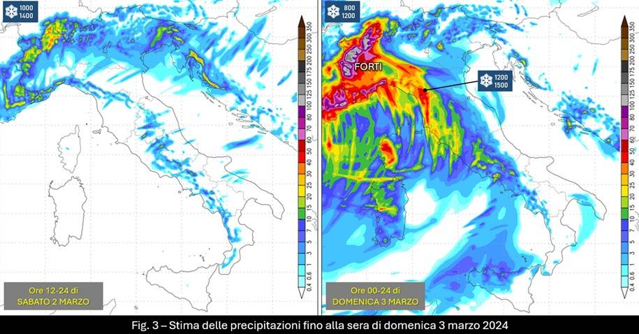 Stima accumuli precipitativi e vento 3 marzo 2024
