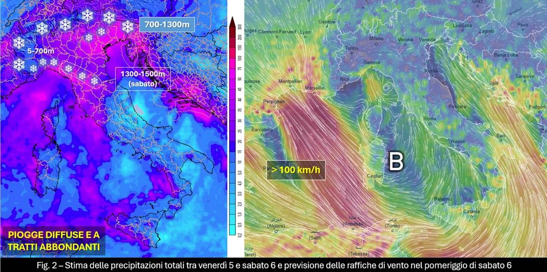 Stima accumuli precipitativi e vento 5-6 gennaio 2024