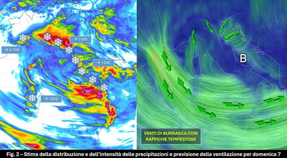 Stima accumuli precipitativi e vento 7 gennaio 2024