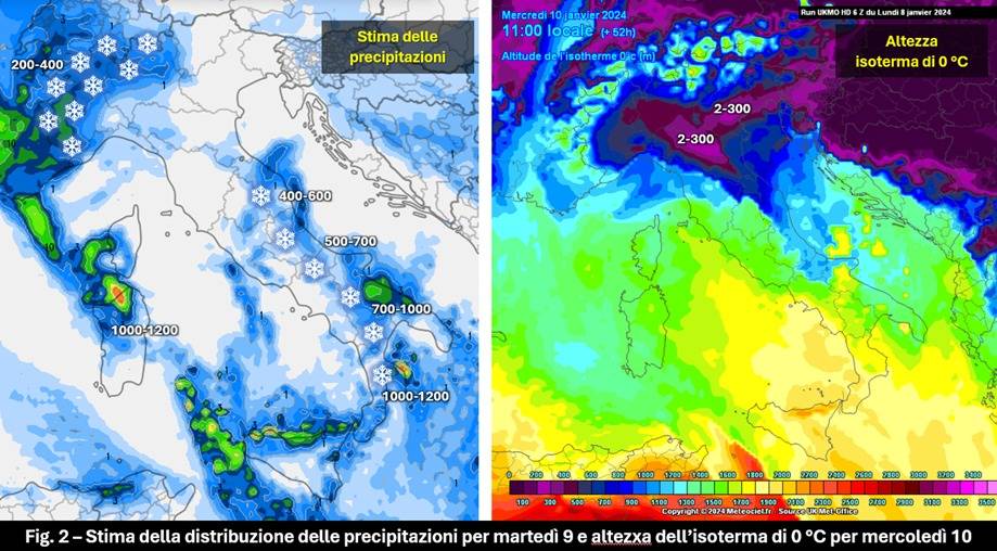 Stima accumuli precipitativi e zero termico 9-10 gennaio 2024