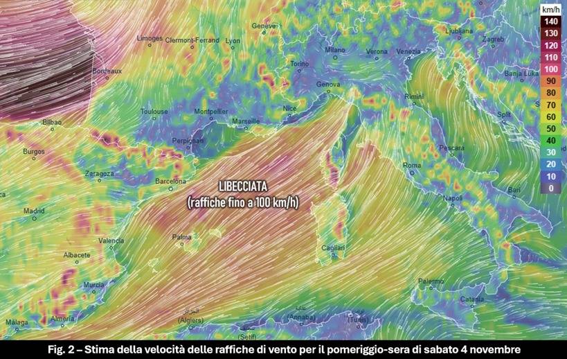 Stima delle raffiche di vento per il 4 novembre 2023