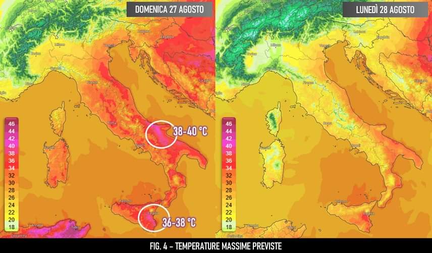 Stima delle temperature 27-28 agosto 2023