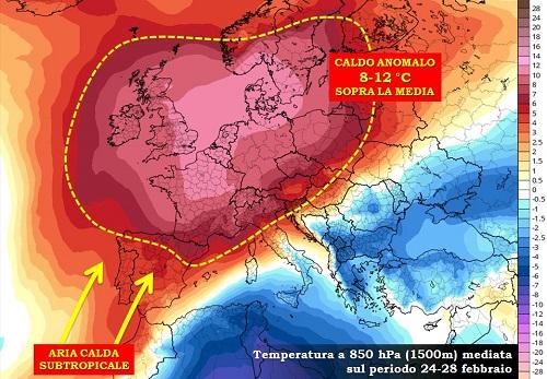 Previsione dell'anomalia a 1500 metri per la fine di febbraio