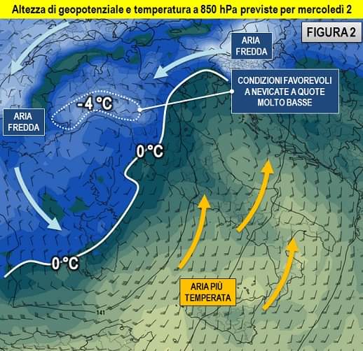 Geopotenziale e temperatura 850hPa per il 2 Dicembre