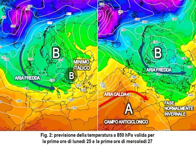 Temperatura a 850hPa prevista tra il 25 e il 27 Gennaio 2021