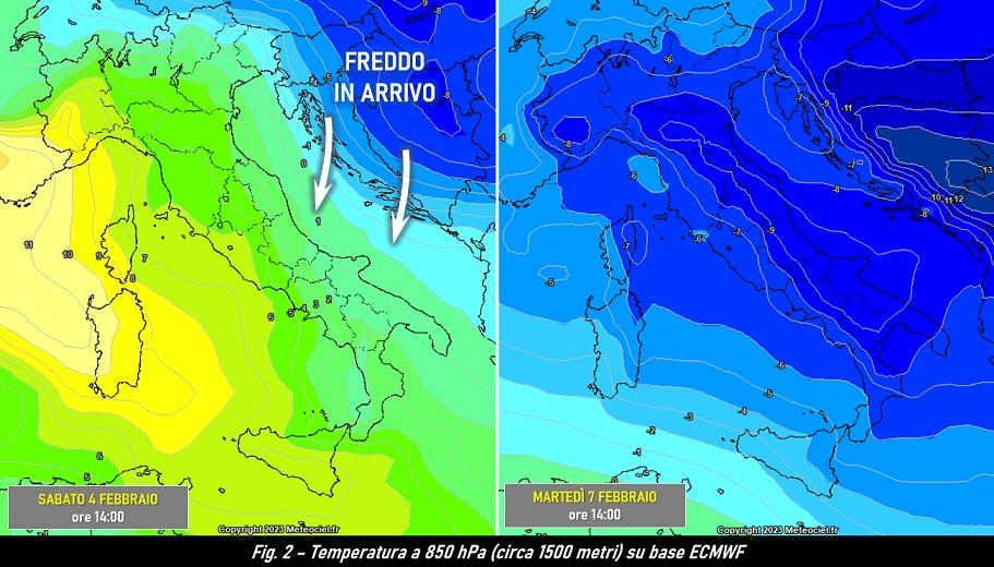 Temperatura a 850hPa prevista dal modello ecmwf