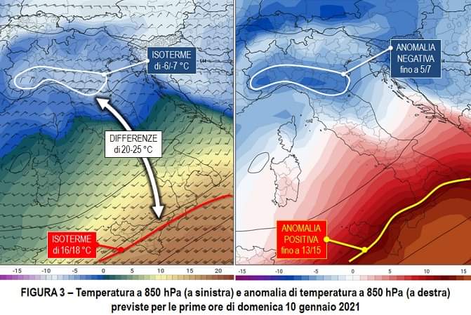 Temperatura a 850hPa e anomalia previste per il 10 Gennaio 2021