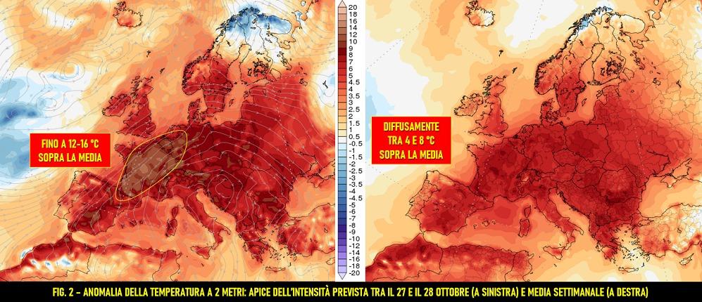 Picco dell'anomalia temperatura 2m il 27-28 ottobre 2022