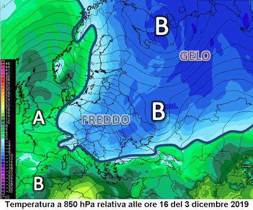 Temperatura T850 ore 16 3 Dicembre