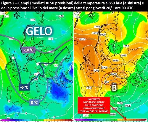 Fig. 2: temperatura a 850 hPa e pressione al livello del mare (valori medi di ensemble)previsti per il 24 gennaio