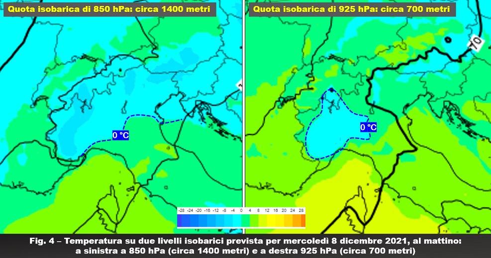 Temperature attese a 850hPa e 925hPa l'8 Dicembre 2021