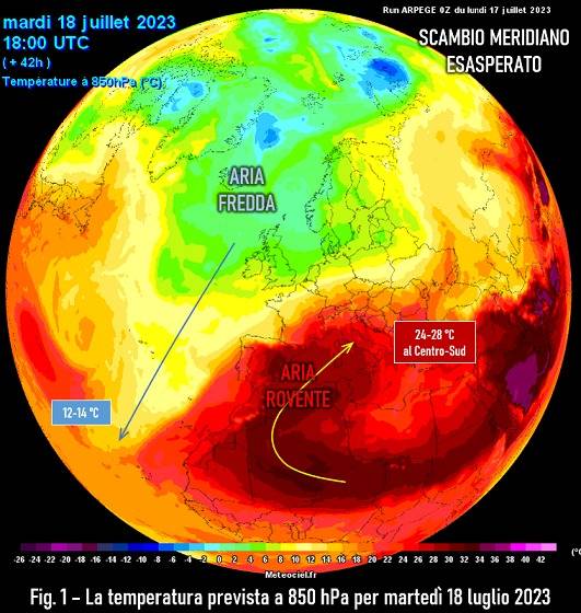 Temperature a 850hPa attese per il 18 luglio 2023