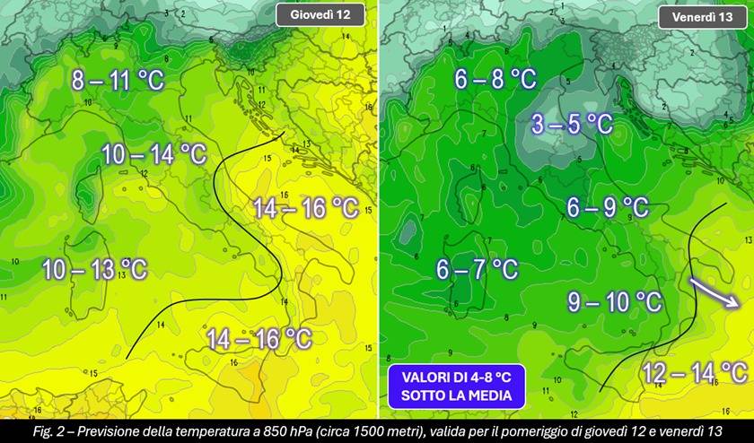 Temperature a 850hPa attese per il 12 e il 13 settembre 2024