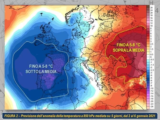 Temperatura a 850hPa prevista tra il 2 e il 6 Gennaio 2021