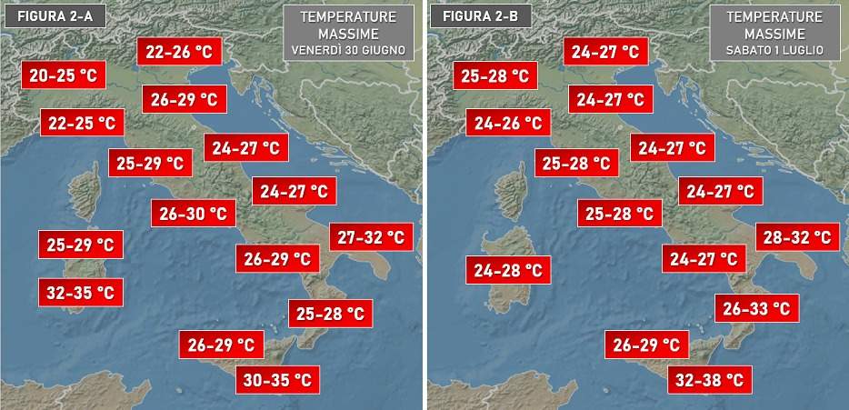 Temperature massime per il 30 giugno e il primo luglio 2023