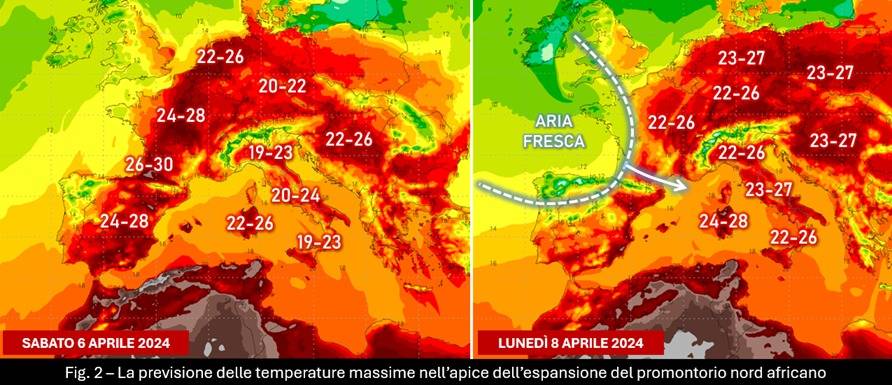 Temperature massime attese per il 6-8 aprile 2024