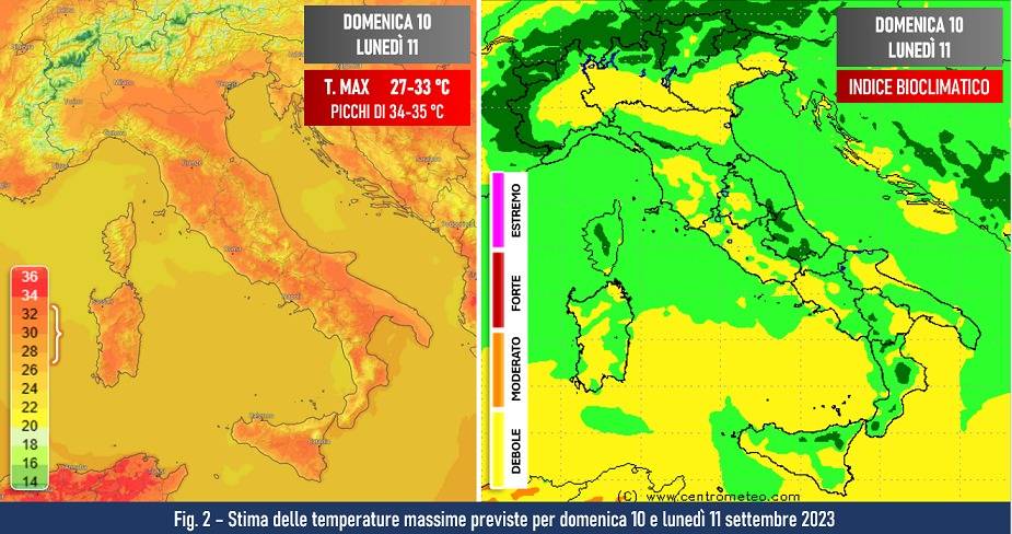 Temperature massime e indice di disagio previsti per il 10 e 11 settembre 2023