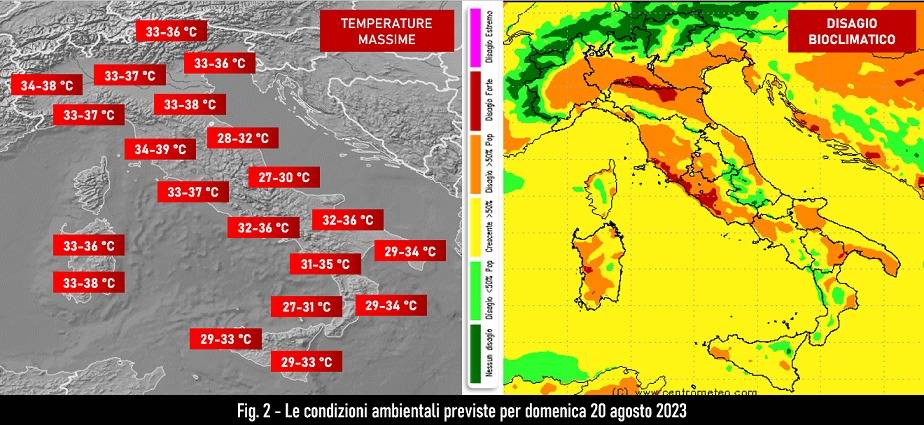 Temperature e indice di disagio per il 20 agosto 2023