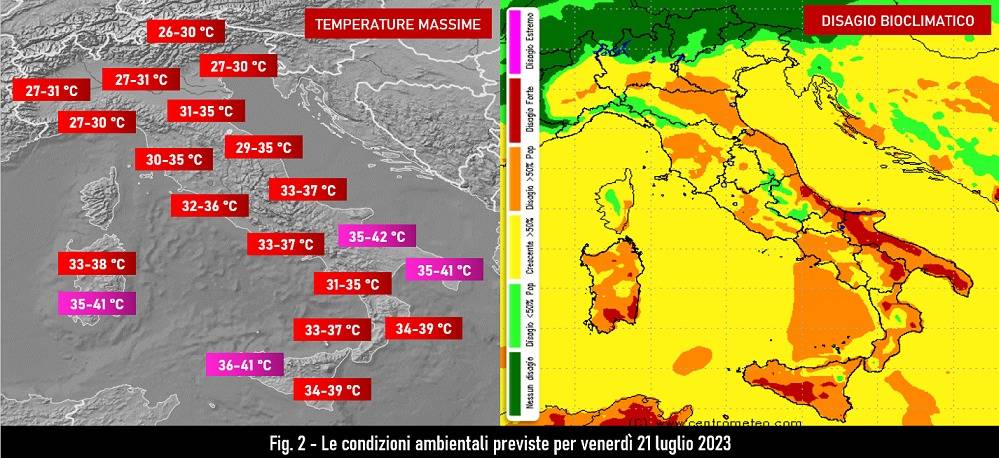 Temperature e indice di disagio per il 21 luglio 2023
