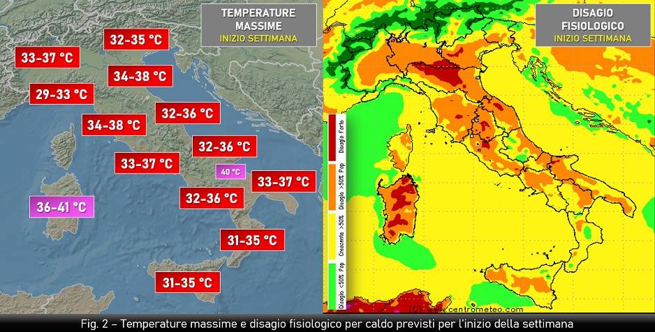 Temperature massime e indice di disagio previsti per l'inizio della settimana