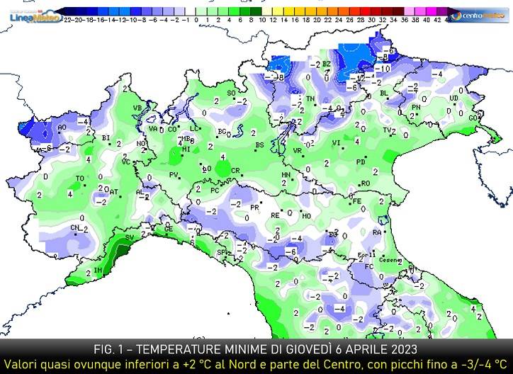 Temperature minime misurate il 6 aprile 2023