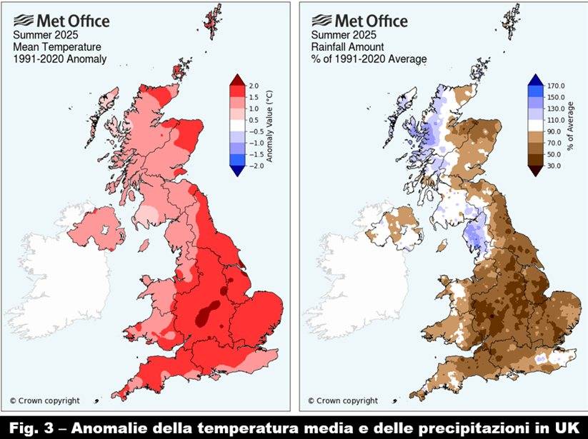 Anomalia della temperatura media e delle precipitazioni - Regno Unito estate 2025